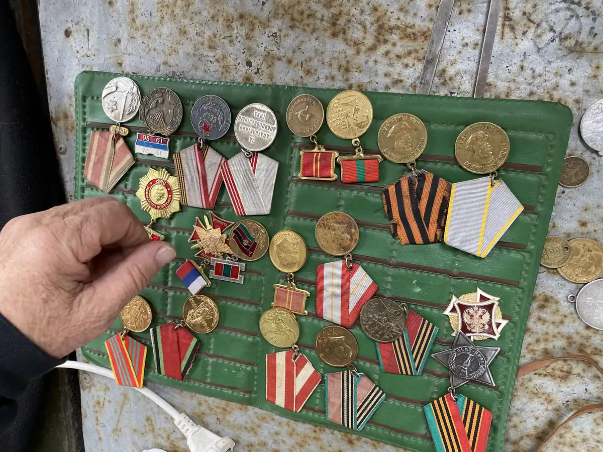 Soviet medals for sale at a street market in Transnistria