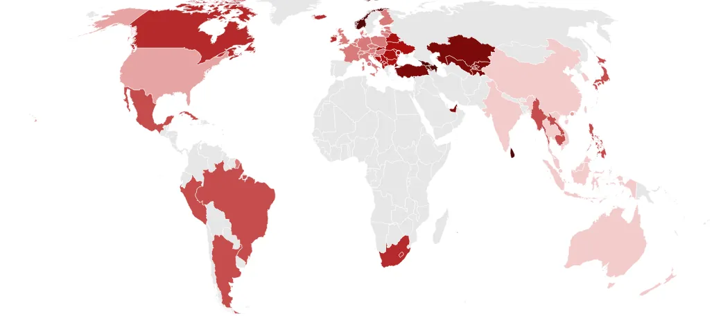 World map with the 72 countries I have visited shaded by era