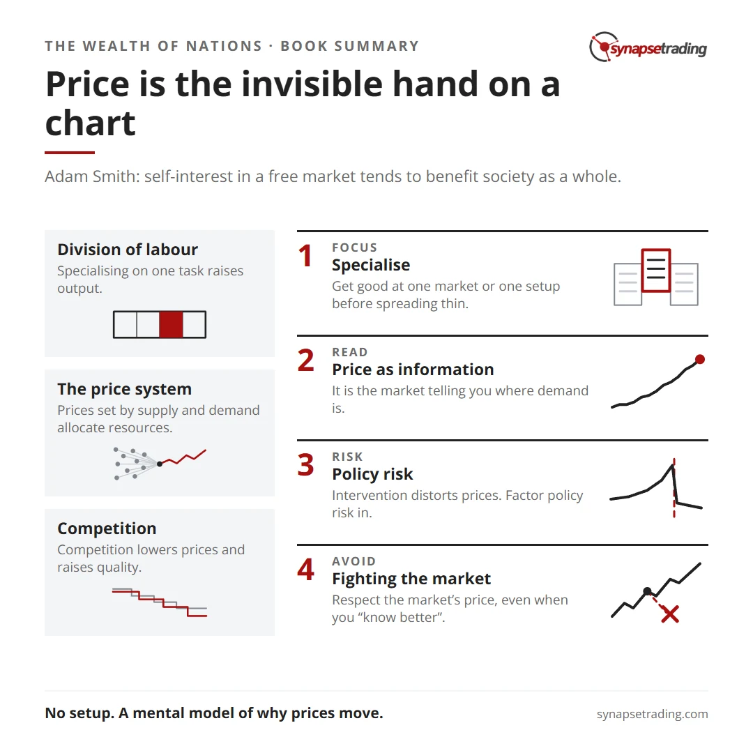 Price is the invisible hand on a chart. Summary card for the post: Book Summary: The Wealth of Nations by Adam Smith.