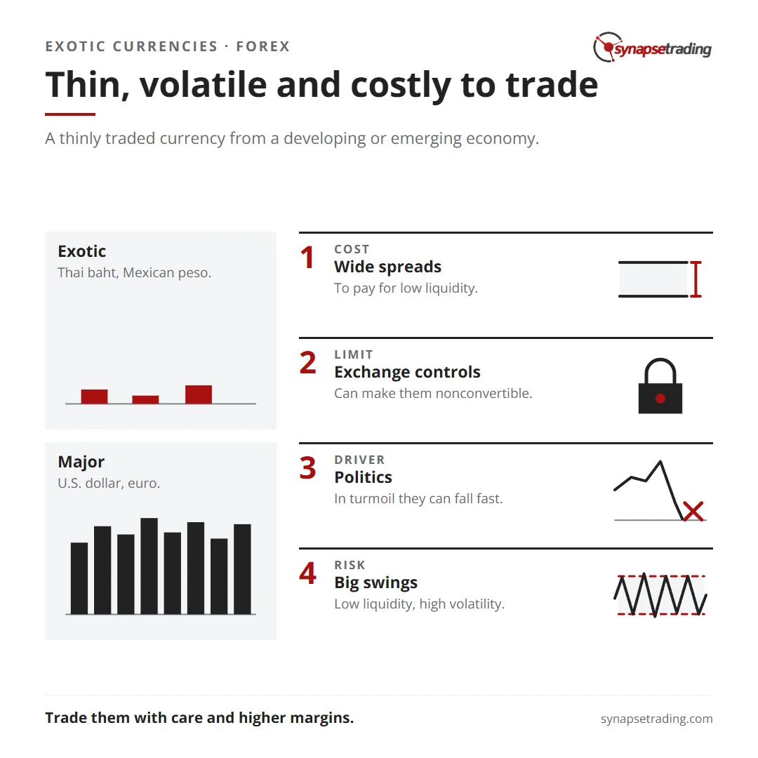 Thin, volatile and costly to trade. Summary card for the post: What is an Exotic Currency?.